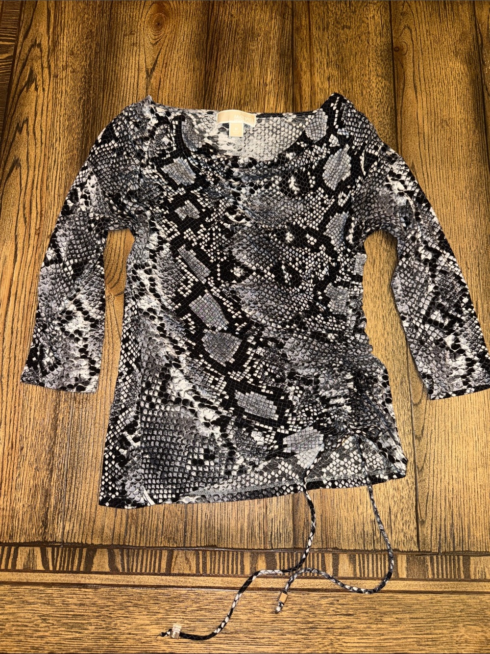 Michael Kors Black & Gray Snake-Print Cowl Neck Top with Ruched Tie Side